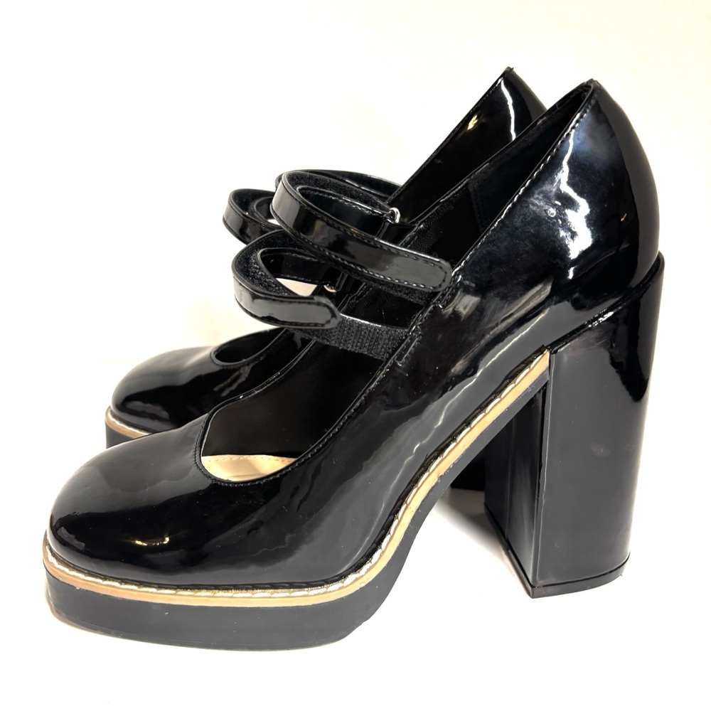 STEVE MADDEN Platform Twice Patent Black Mary Jane Squared Heel Shoes Size 8 - Picture 6 of 10